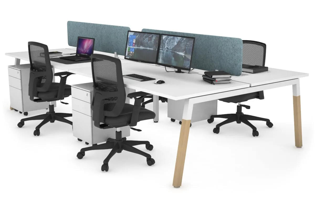 Quadro A Legs 4 Person Office Workstation - Wood Legs Cross Beam [1400L x 800W with Cable Scallop]