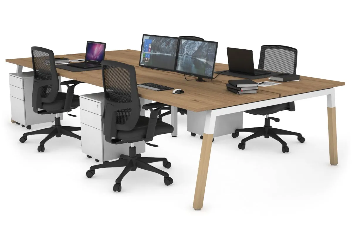 Quadro A Legs 4 Person Office Workstation - Wood Legs Cross Beam [1400L x 800W with Cable Scallop]
