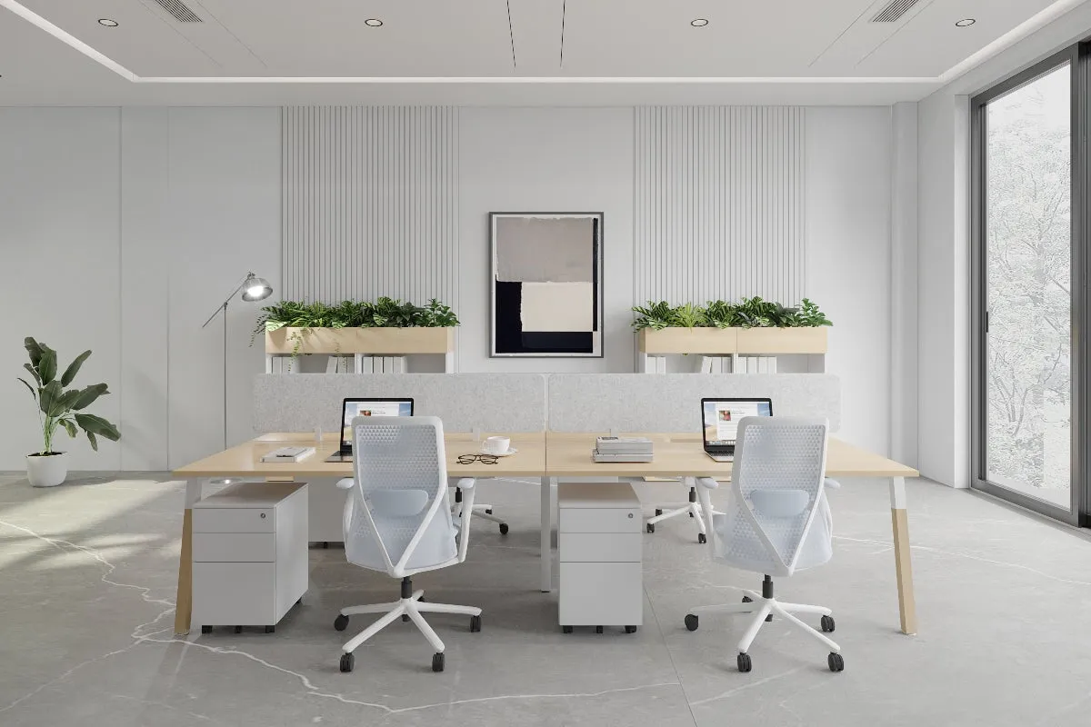 Quadro A Legs 4 Person Office Workstation - Wood Legs Cross Beam [1400L x 800W with Cable Scallop]