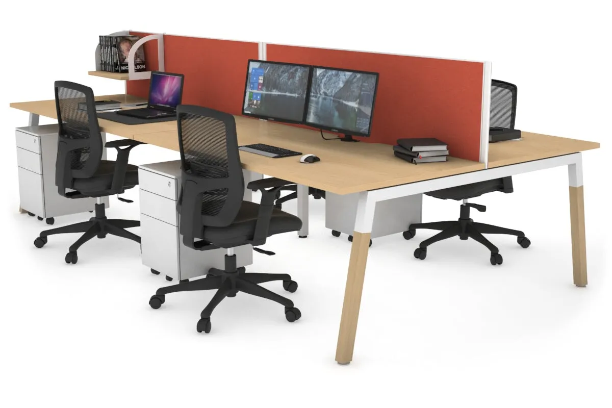 Quadro A Legs 4 Person Office Workstation - Wood Legs Cross Beam [1400L x 800W with Cable Scallop]