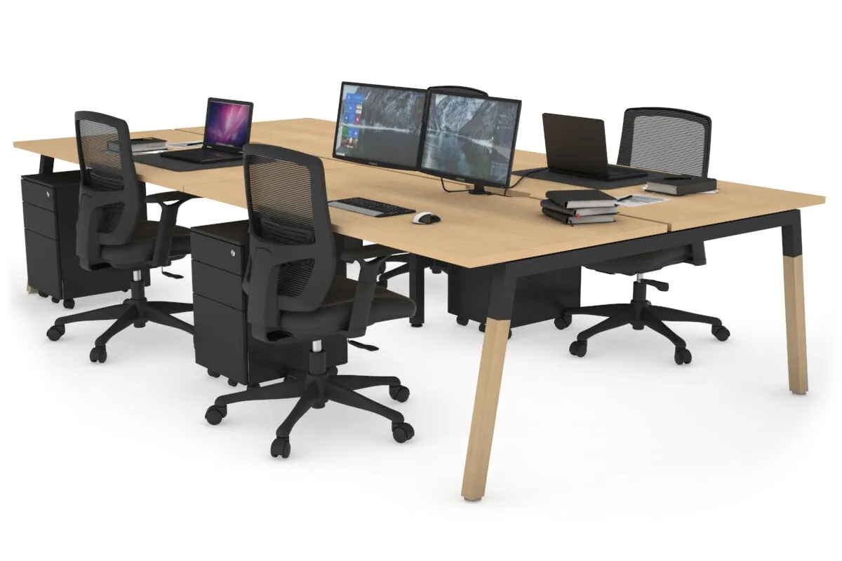Quadro A Legs 4 Person Office Workstation - Wood Legs Cross Beam [1400L x 800W with Cable Scallop]