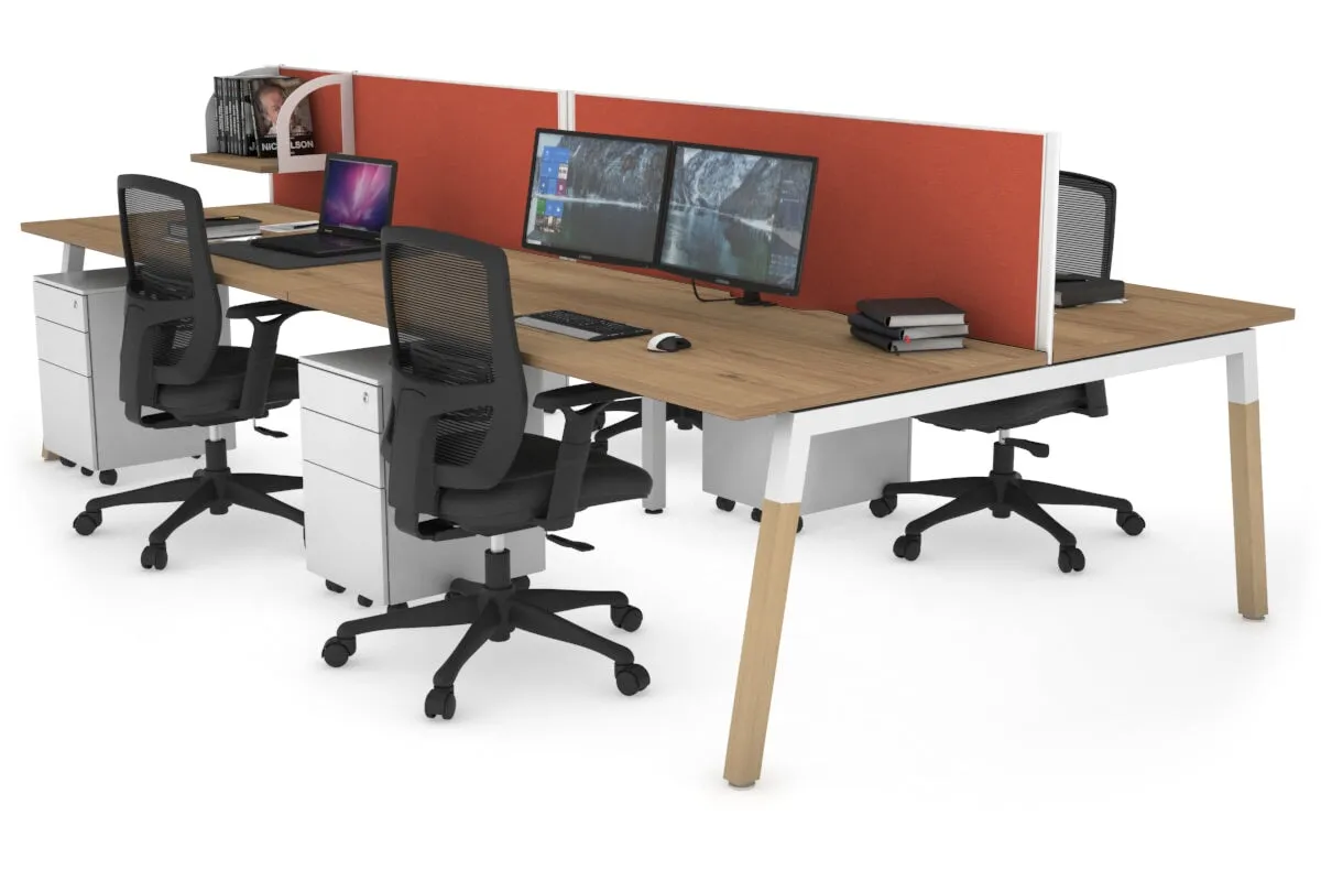 Quadro A Legs 4 Person Office Workstation - Wood Legs Cross Beam [1400L x 800W with Cable Scallop]