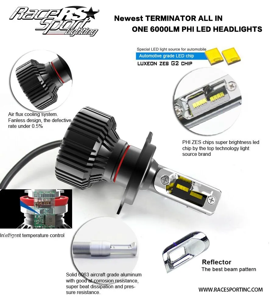 Race Sport RS Lighting (H8 Fan-less LED Conversion Headlight Kit) Terminator Series H8TLED
