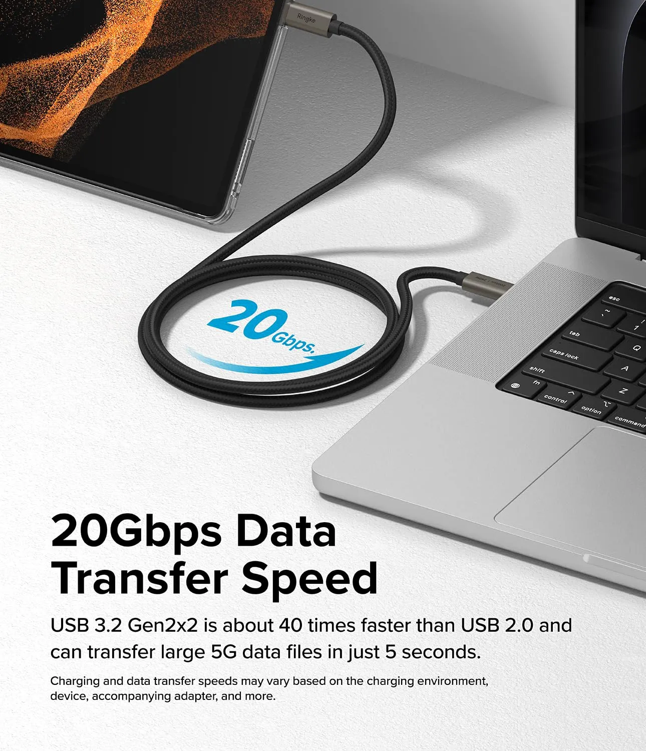 Ringke USB 3.2 Gen 2x2 USB-C Compatible with Type-C Data Transfer and Fast Charging Cable - 2m (Black)