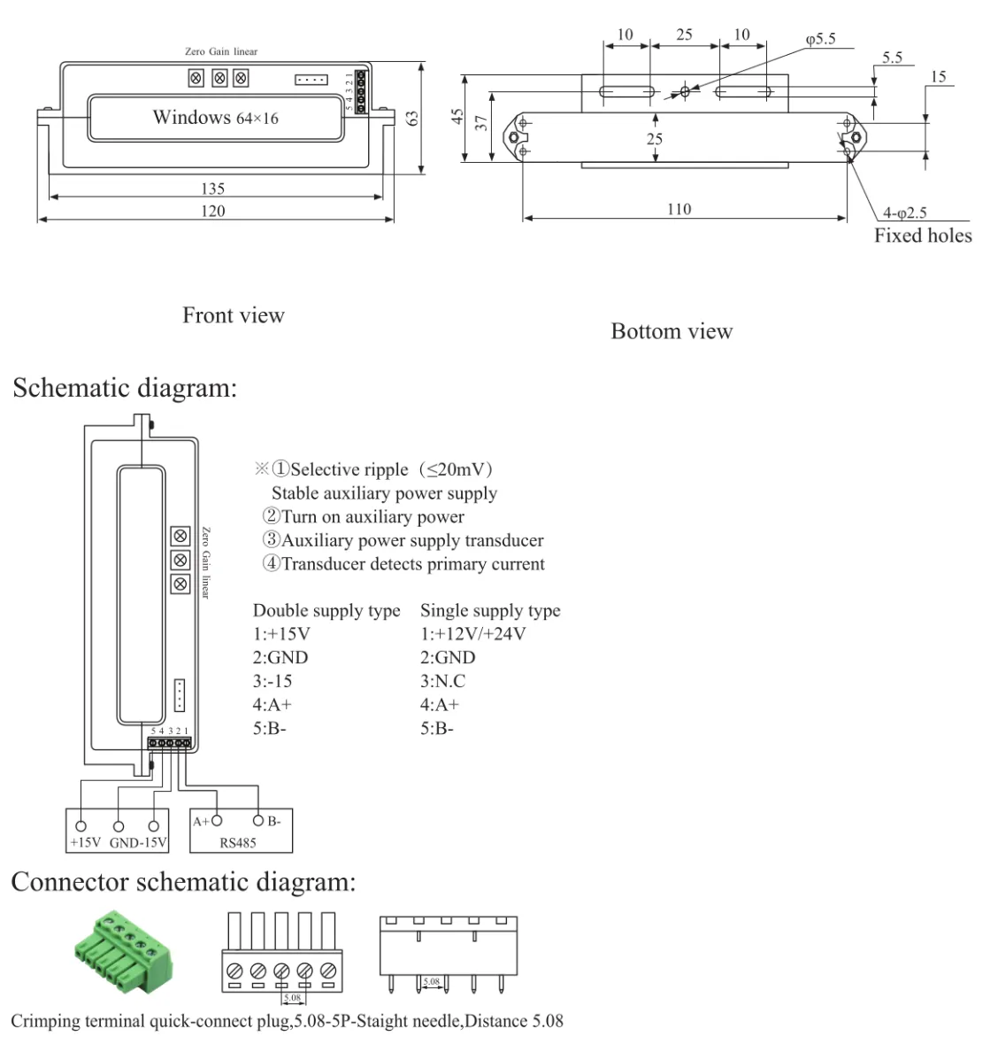 THST6416D-24-1000-RS485, Split Core Bipolar Hall Effect DC Current Transducer,  /-1000 Amp DC, RS485 Modbus RTU output, 64x16mm aperture, 24VDC supply