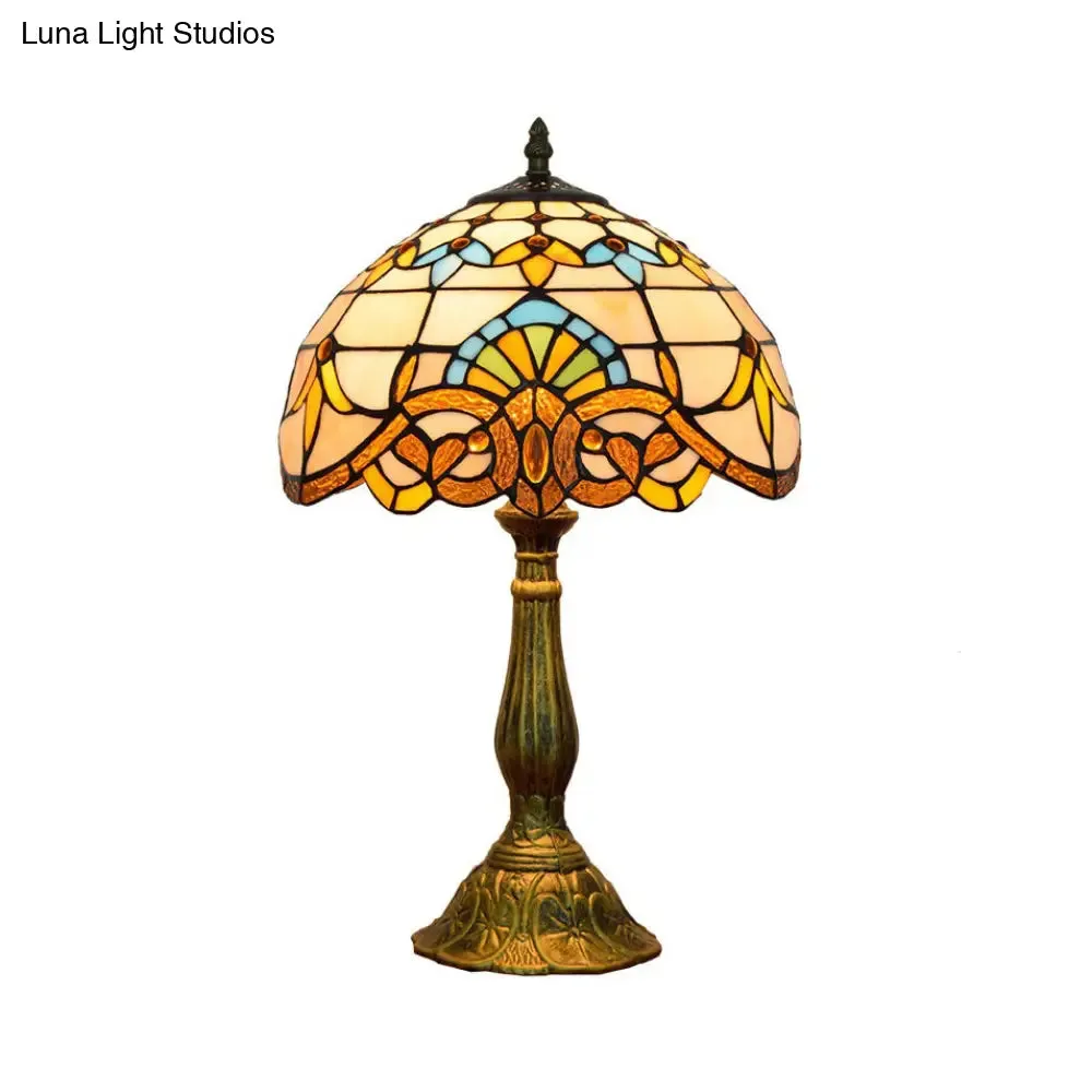 Victorian Tiffany Dome Shade Desk Light - Stained Glass Reading Lamp in Gold/Brown for Bedroom
