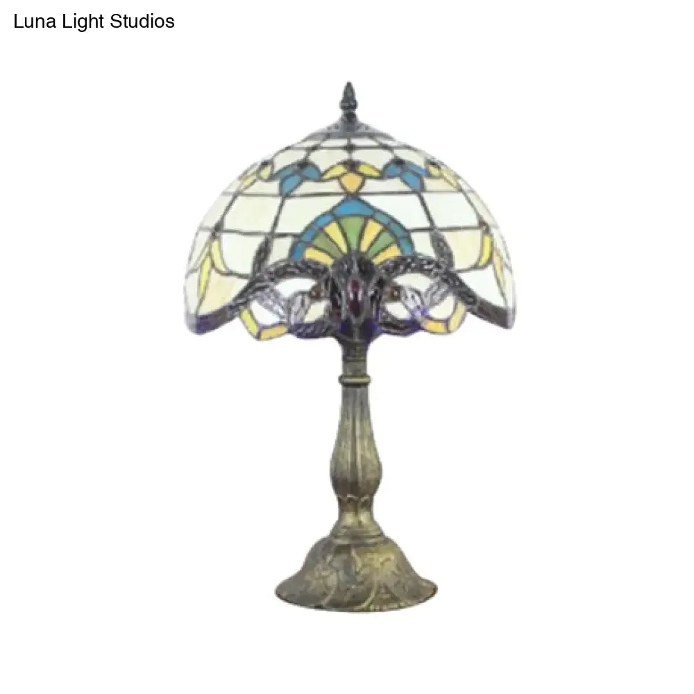Victorian Tiffany Dome Shade Desk Light - Stained Glass Reading Lamp in Gold/Brown for Bedroom