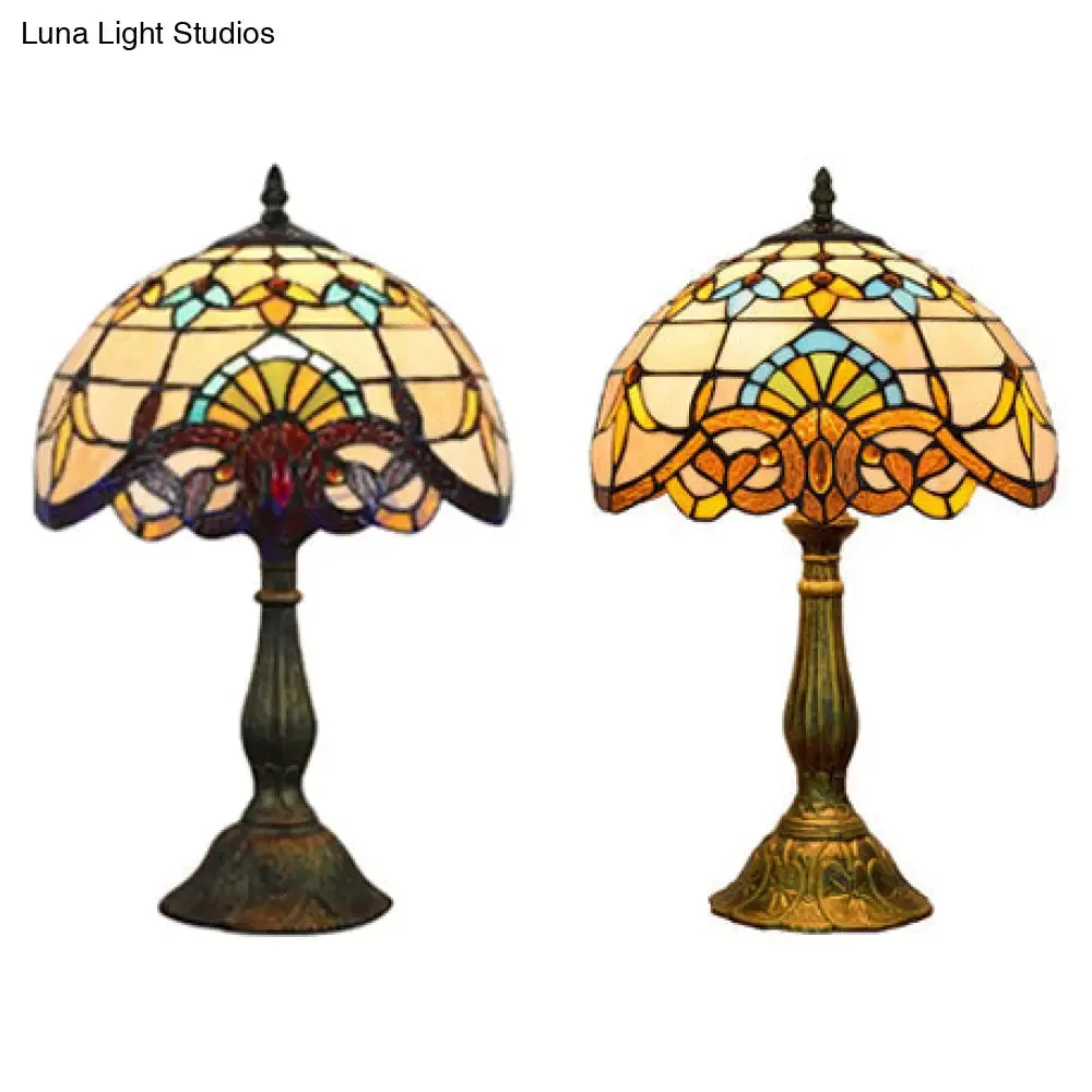 Victorian Tiffany Dome Shade Desk Light - Stained Glass Reading Lamp in Gold/Brown for Bedroom