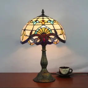Victorian Tiffany Dome Shade Desk Light - Stained Glass Reading Lamp in Gold/Brown for Bedroom