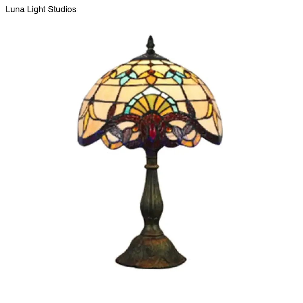 Victorian Tiffany Dome Shade Desk Light - Stained Glass Reading Lamp in Gold/Brown for Bedroom