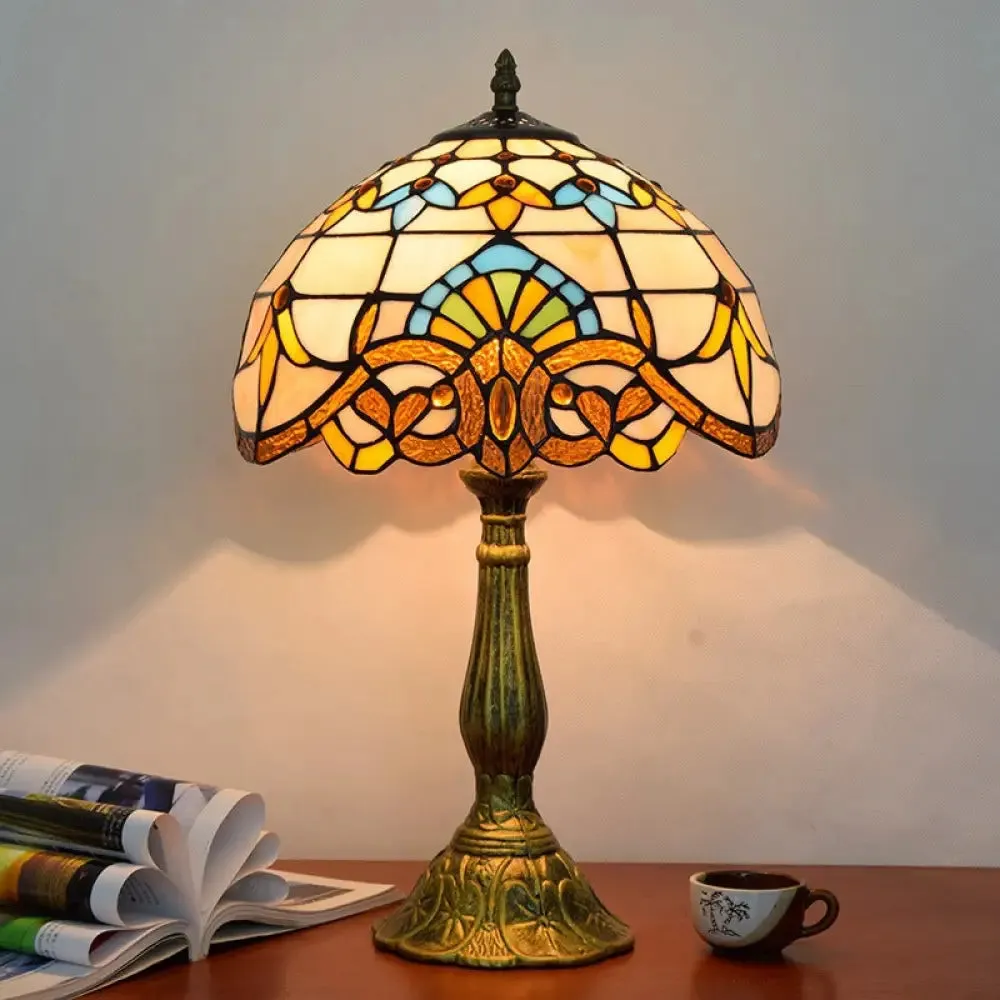 Victorian Tiffany Dome Shade Desk Light - Stained Glass Reading Lamp in Gold/Brown for Bedroom